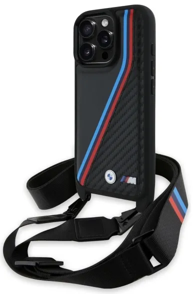 BMW M Edition Carbon Tricolor Lines &amp; Strap Case for iPhone 16 Pro Max - Black