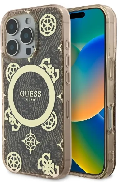 Guess IML Peony On 4G Background MagSafe Case for iPhone 16 Pro Max - Brown