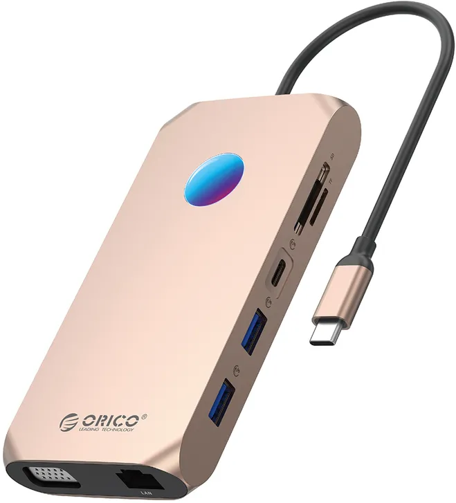 Orico XCR 12in1 RGB USB-C Docking Station 2x USB-A 3.1 1x USB-A 2.0 1x USB-C PD 100W 1x USB-C 3.1 2x HDMI 2.0 4K 60Hz 1x VGA 1080p 1x microSD/SD 3.0 1x RJ Gigabit Ethernet 1x Audio CTIA 3.5mm - Rose Gold