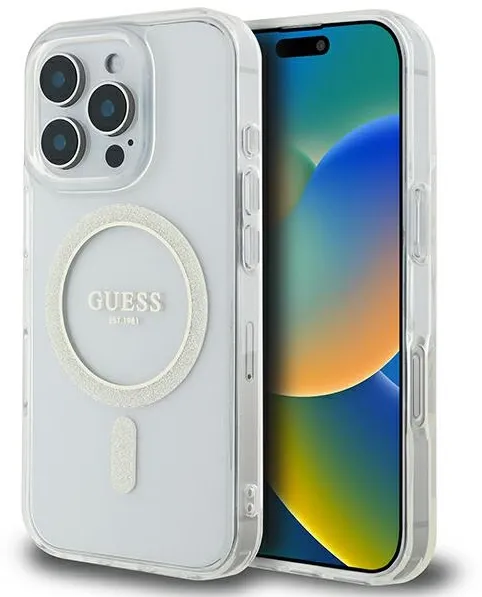 Guess IML Glitter Circle MagSafe Case for iPhone 16 Pro Max - Clear