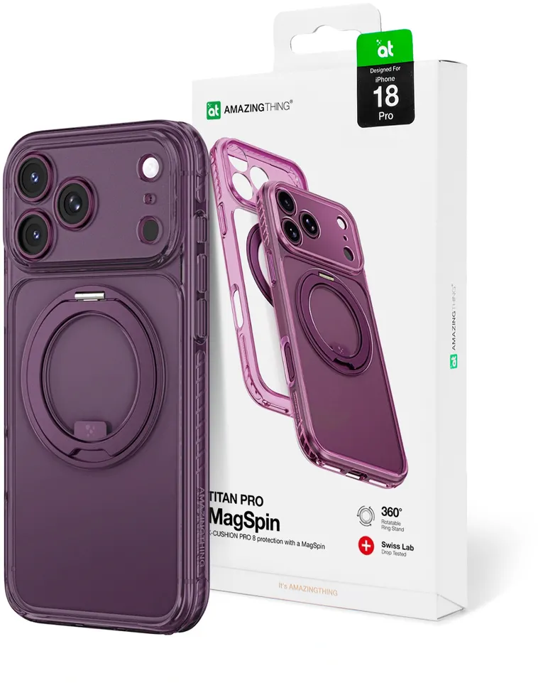 AmazingThing Titan Pro Spin Lens Case for iPhone 18 Pro with Rotating Ring and Lanyard Mount, Compatible with MagSafe - Purple