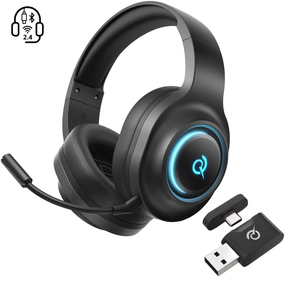 QCY Heroad V200 Tri-Mode Gaming Headphones with 7.1 Sound, 240h Battery, and Detachable Microphone - Black