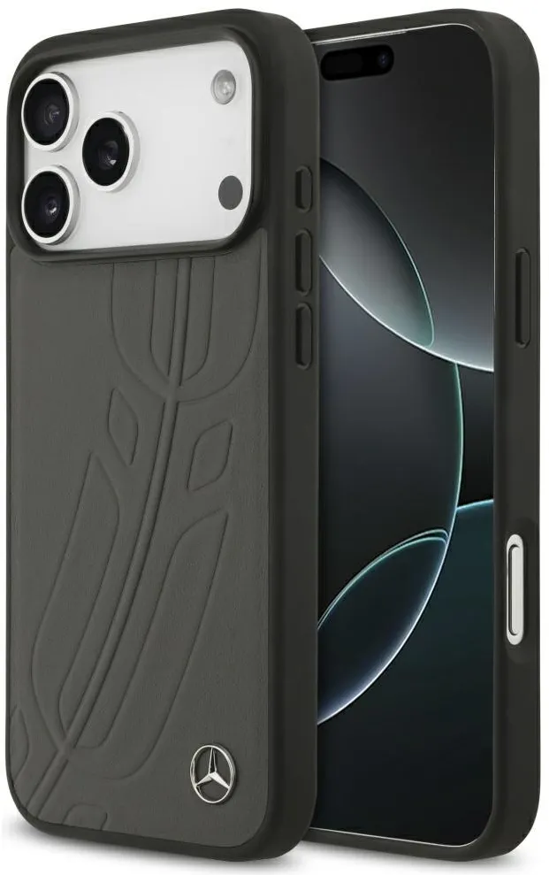 Mercedes Leather Large Laurel Leave MagSafe Case for iPhone 17 Pro Max - Black and Gray