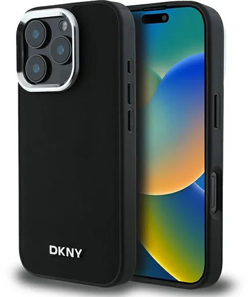 DKNY Plain Silver Logo MagSafe iPhone 16 Pro Case - Black