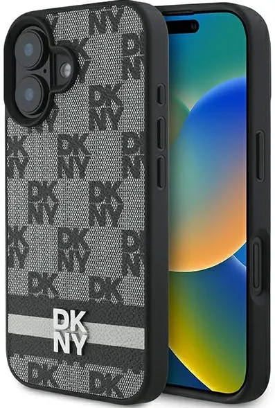 DKNY Checkered Pattern & Printed Stripes iPhone 16 Case - Black