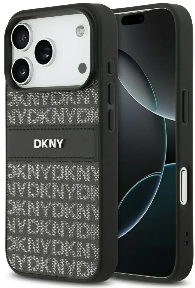 DKNY Repeat Texture Pattern with Tonal Stripe iPhone 17 Pro Case - Black