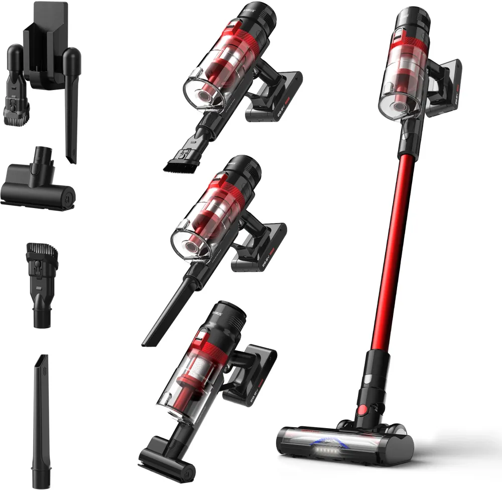 Aspirator vertical fara fir 2 in 1 Samus Hurricane Max Pro, 600 W, Putere de aspirare max. 29 kPa (210 W), 3 trepte de putere, 0.8 litri, Autonomie 60 min, Gri/rosu