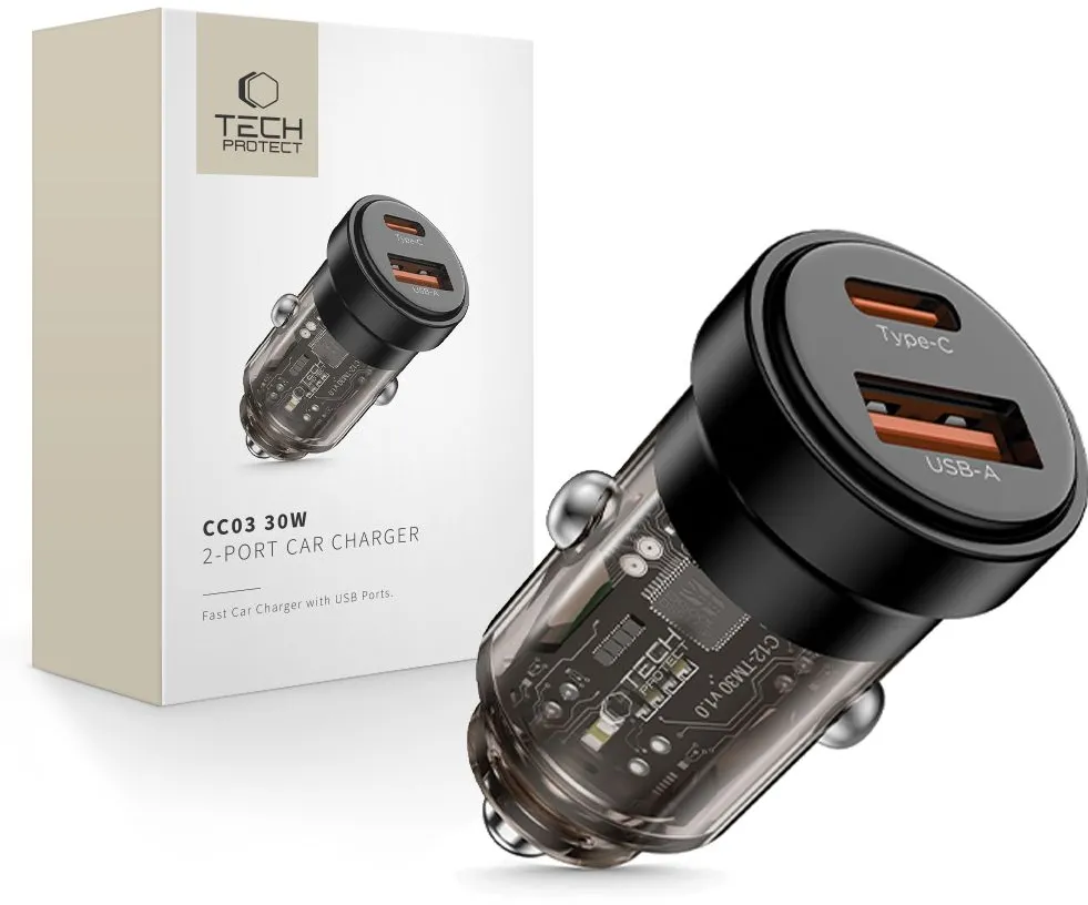 Incarcator auto Tech-Protect CC03 30W USB-A + USB-C negru