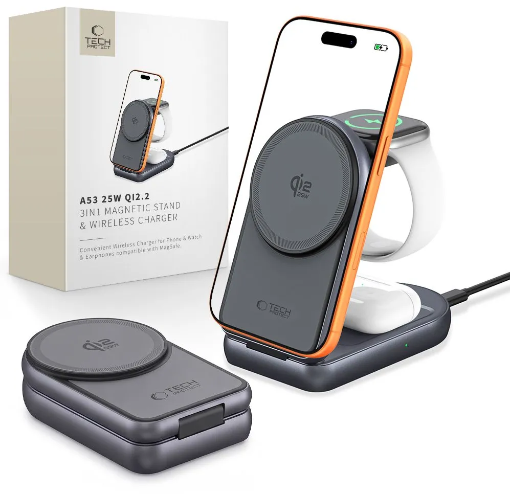 Incarcator wireless Tech-Protect A53 3 in 1 MagSafe Qi2.2 25W gri inchis