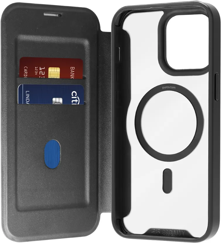 Puro Book Mag MagSafe Leather Case with Flap and Card Slot for iPhone 16 Pro Max - Black