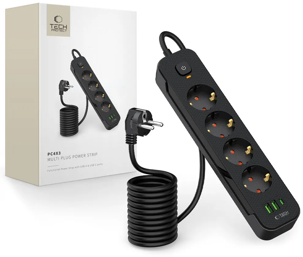 Tech-Protect PCL4X3 Power Strip 4 Sockets 240V + 2xUSB-A + 1xUSB-C 200 cm - Black