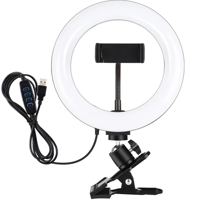 Lampă inelară Puluz de 20 cm pentru vlogging, cu clemă pentru monitor, suport pentru telefon și reglare a temperaturii culorii (negru)