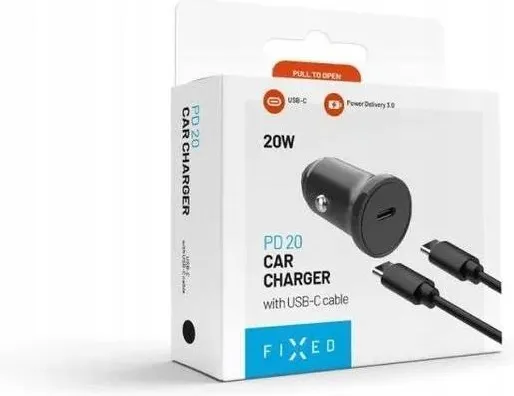 Incarcator auto Fixed USB-C 20 W cu cablu USB-C la USB-C negru