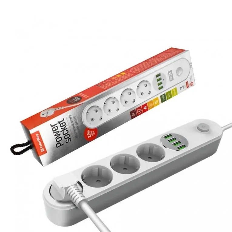 ColorWay CW-CHE44W Power socket 4plugs/4USB, White, 2m