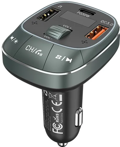 Vention 3-Port USB (C + A + A) Car Charger with FM Transmitter (30W/18W/5W) Black ABS Type