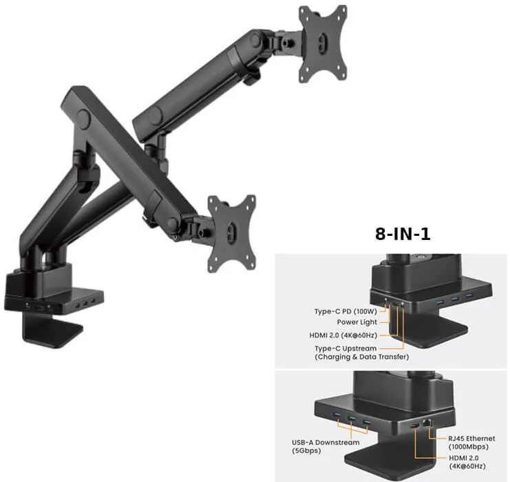 Suport 2 monitoare de masa cu Statie docking 8-in-1, Blackmount MNT20-2, 17"-32", max.8 kg/brat, otel, negru