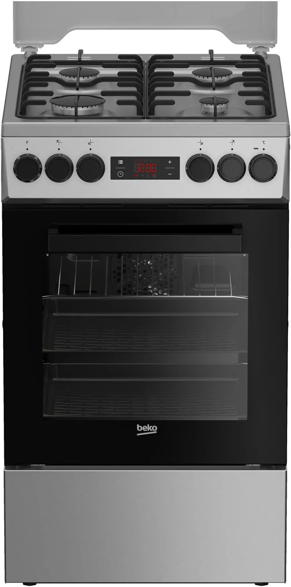 Aragaz Beko FSMT52320DXON, Mixt, 4 arzatoare, Aprindere electrica, 8 Functii, Grill, Rotisor, Clasa A, 50 cm, Inox