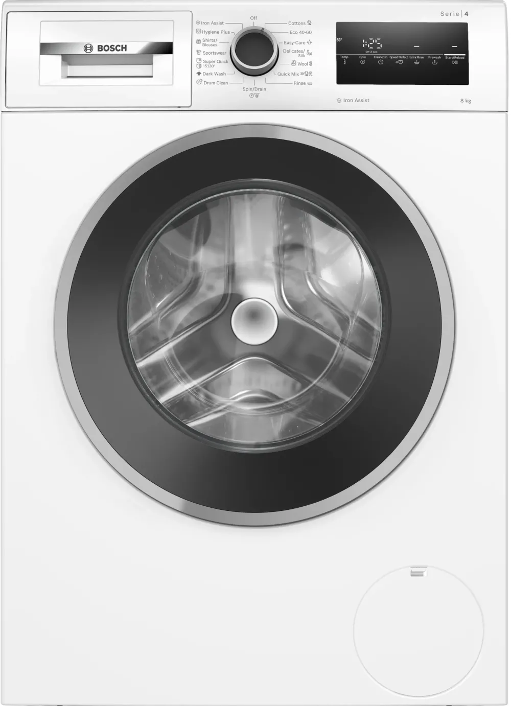 Masina de spalat rufe Bosch WAN2426NBY, 8 Kg, 1200 RPM, EcoSilence Drive, Iron Assist, Hygiene Plus, Control electronic/touch, program Dark colors, Speed Perfect, Clasa A, 60 cm, Alb/gri