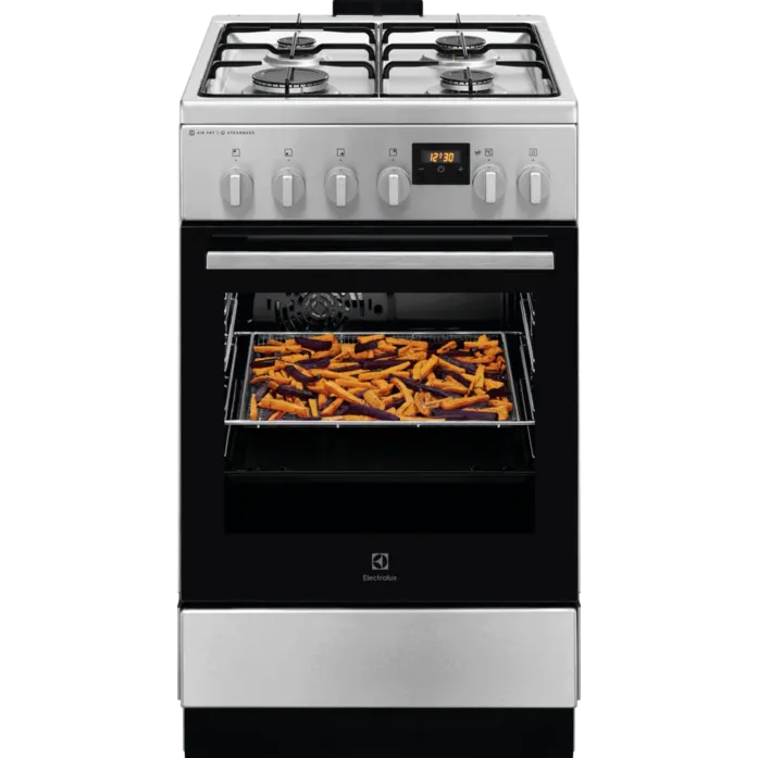 Aragaz Electrolux LKK560222X, Mixt, 4 arzatoare gaz, Gratare de fonta, Cuptor electric, SteamBake, AirFry, Timer electronic, Grill electric, Clasa A, 50cm, culoare inox