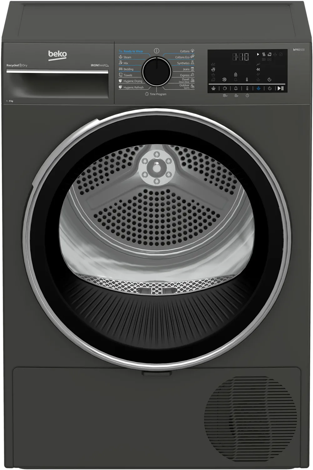 Uscator de rufe Beko B3T49233MEU Pompa de caldura, 9 kg, 15 programe, Clasa D, Iron Finish, RecycledDry, OptiSense, Aquawave, Hygienic Refresh, Antracit