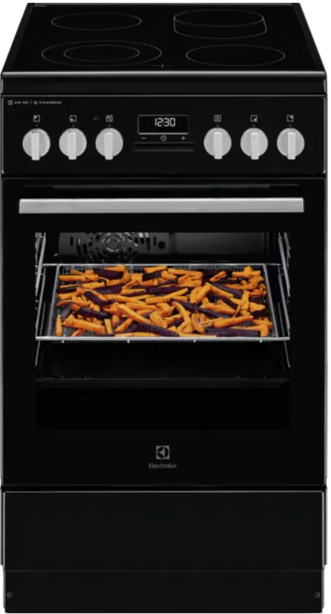 Aragaz Electrolux LKR564275K, Vitroceramica, 4 zone de gatit, SteamBake, Timer cu display electronic, Autocuratare catalitica, Iluminare cuptor, Grill, Clasa A, 50 cm, Negru