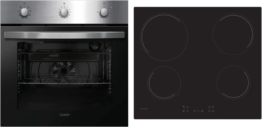 Pachet Candy P CT20CXCH64CCB, 70 litri, 7 programe de gatire, clasa A+, inox + plita vitroceramica, 4 zone, touch control, 60 cm, negru