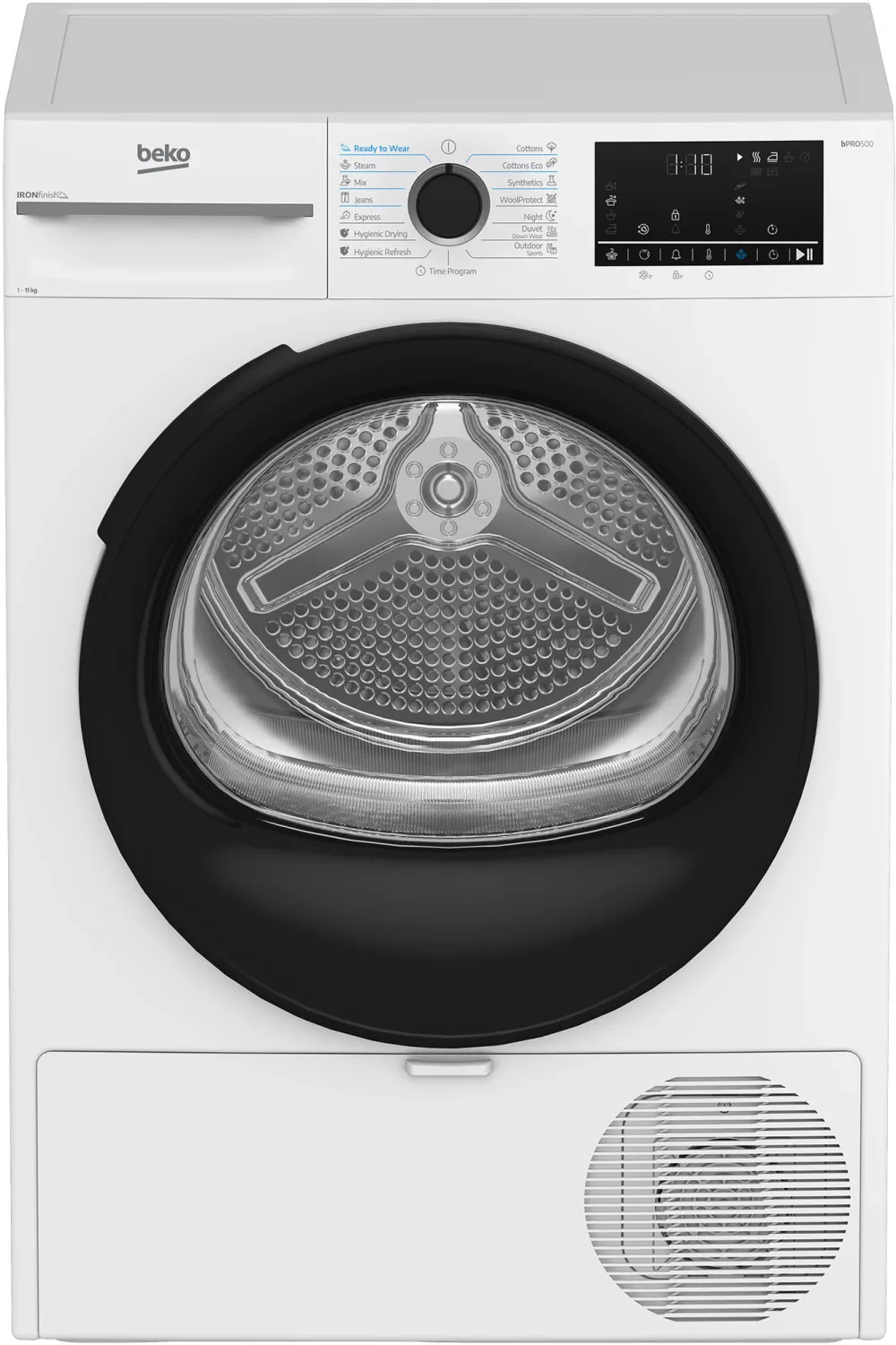 Uscator de rufe Beko BM3T41233WBEU, Pompa de caldura, 11 kg, 15 programe, Clasa D, Iron finish, Motor ProSmart Inverter,, Aquawave, Hygienic Drying, Alb