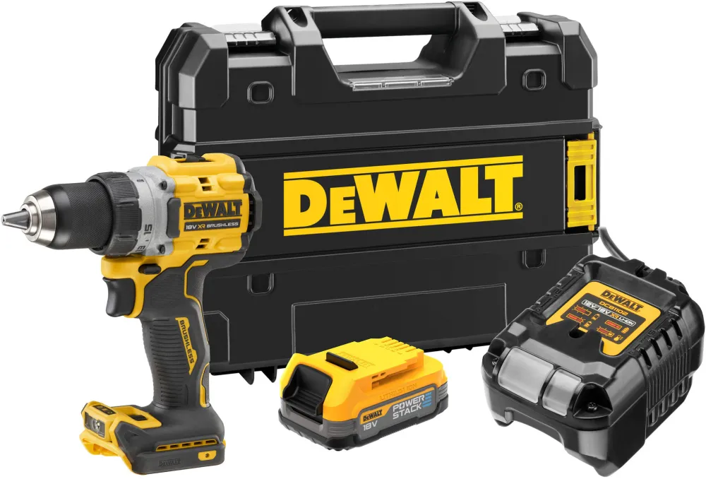 Masina compacta de gaurit si insurubat (bormasina) pe acumulator DeWALT DCD800E1T, motor fara perii, 18V XR, 1x acumulator 1.7 Ah Li-Ion POWERSTACK, cuplu 90 Nm, iluminare LED, 2 viteze, Incarcator, cutie transport TSTAK