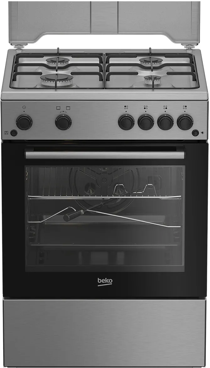 Aragaz Beko FSHT62111GX, Gaz, 4 arzatoare, Aprindere electrica plita/cuptor, Grill, Rotisor, 60 cm, Inox