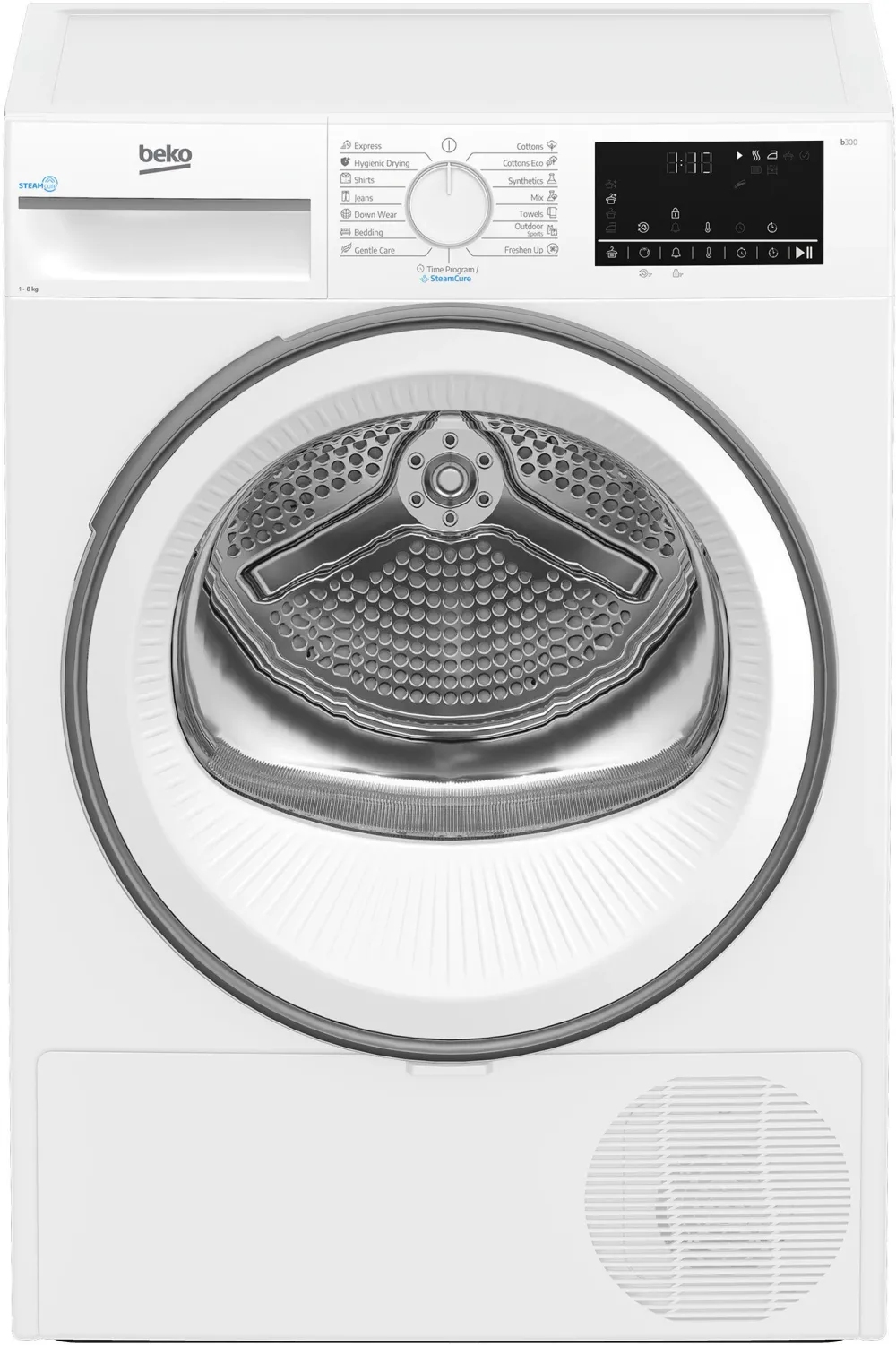 Uscator de rufe Beko B3T48239WEU, Pompa de caldura, 8 kg, 15 programe, Clasa D, Alb, SteamCure, RecycledDry, EcoGentle, Aquawave