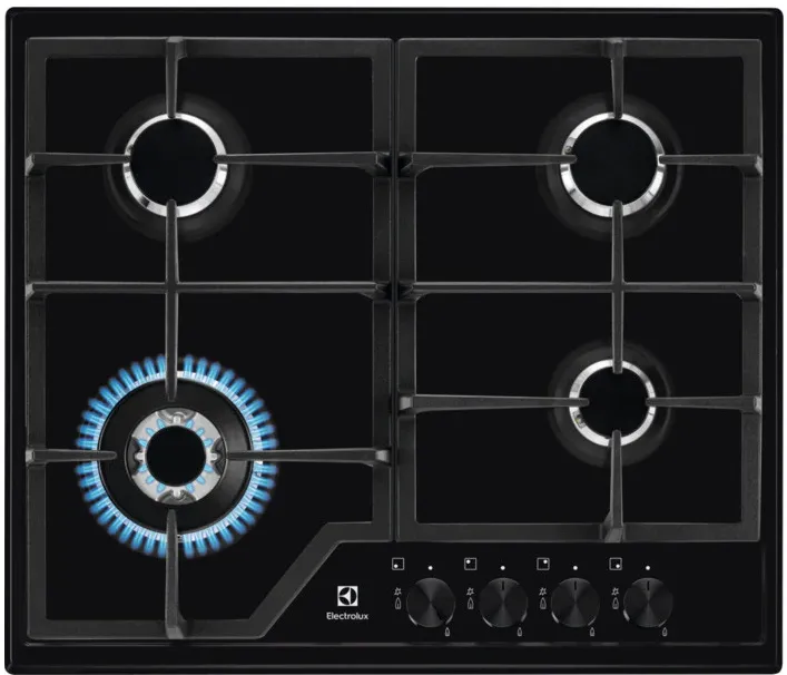Plita incorporabila Electrolux KGS6436K, Gaz, 4 arzatoare, Wok, Aprindere electica integrata, Gratare fonta, 60 cm, Negru