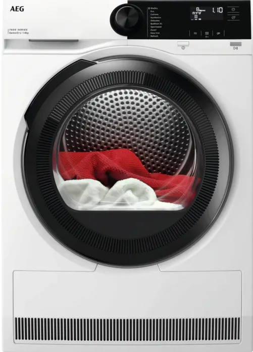Uscator de rufe AEG TR7284E SERIA7000 SensiDry cu pompa de caldura, 8 kg, Clasa C, motor Inverter, display LED, MixDry, EasyIron, Refresh, Uscare Automata/Temporizata, Antisifonare, Adancime 66 cm, alb