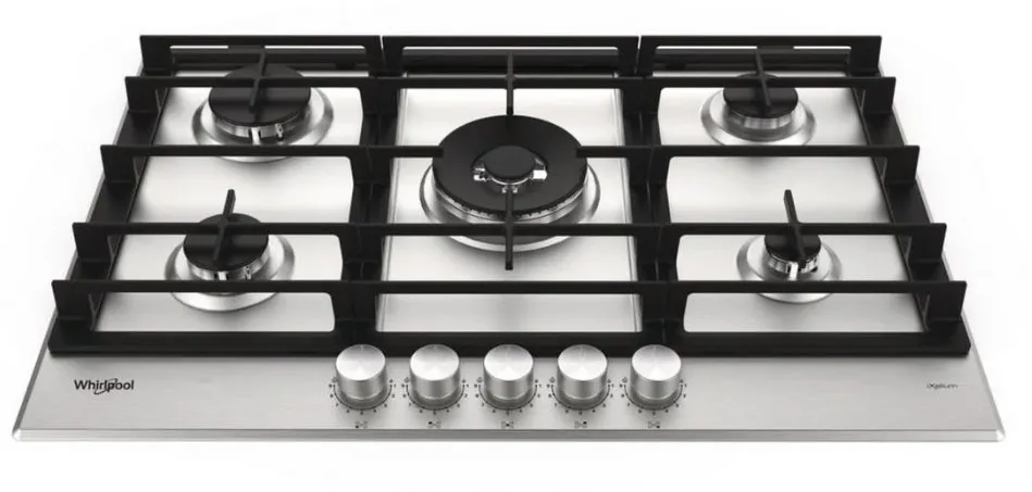 Plita incorporabila pe gaz Whirlpool GMWL 728/IXL, 73 cm, 4 arzatoare pe gaz + 1 arzator special WOK, aprindere automata, inox