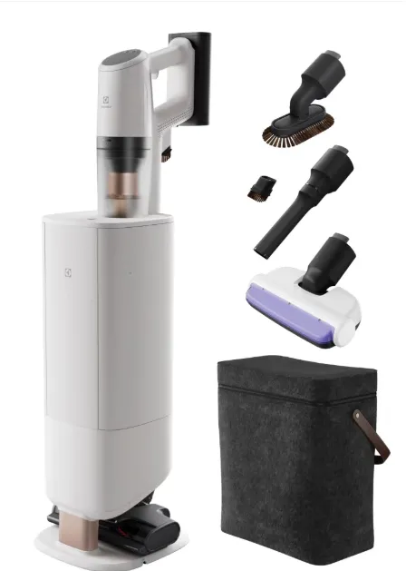 Aspirator vertical Electrolux 800 Hygienic EP83HB25UV, autonomie pana la 90min, 140AW, 3 viteze+AUTO, 0.4 l, statie de golire automata, sac de praf 2 l, perie electrica cu LED, perie UV pentru igienizare tapiterie, duze spatii inguste, zone delicate, alb