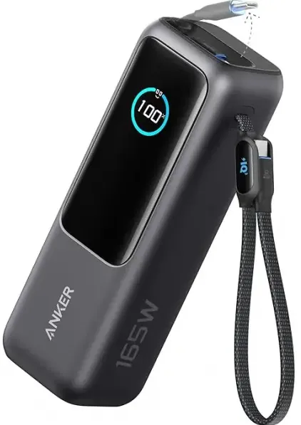 POWER BANK Anker A1695H11, 25.000 mAh, 165W 2 x cablu USB-C incorporat, 3 x USB-C (max 100W per port), 1 x USB-A (max 30W), afisaj LED, 595g, gri