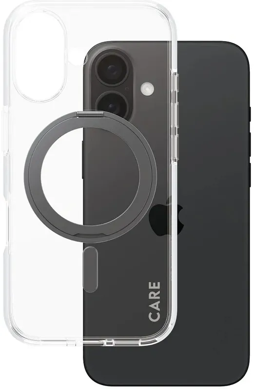 CARE by PanzerGlass Feature Case Transparent w. Black Kickstand & MagSafe iPhone 16
