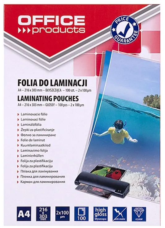 OFFICE PRODUCTS Laminating film, A4, 2x100 microns, glossy, 100 sheets, transparent