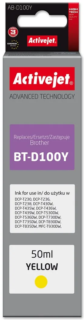 Cartus cerneala ACTIVEJET AB-D100Y compatibil Brother BT-D100Y 50 ml galben