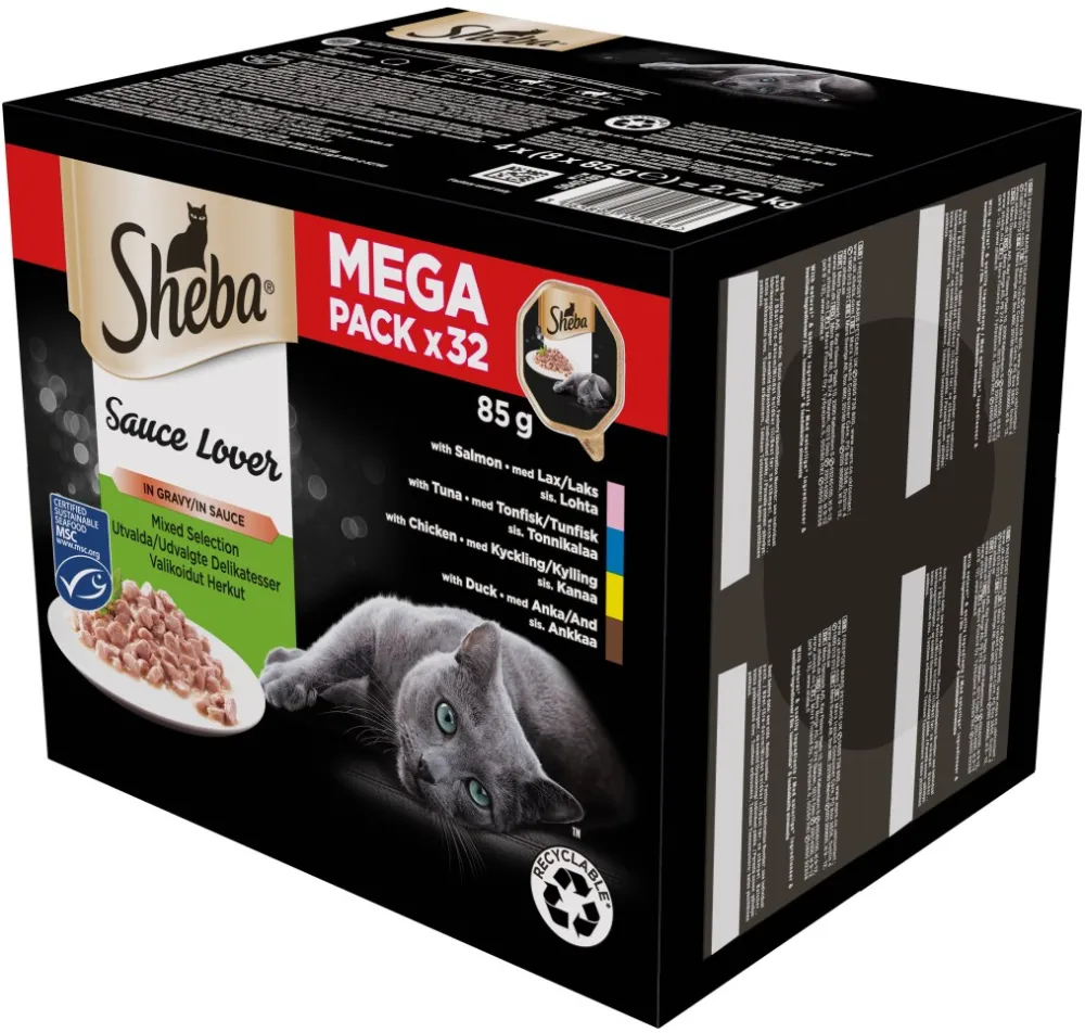 SHEBA Sauce Lover Duck, Chicken, Salmon, Tuna – wet cat food – 32 x 85g