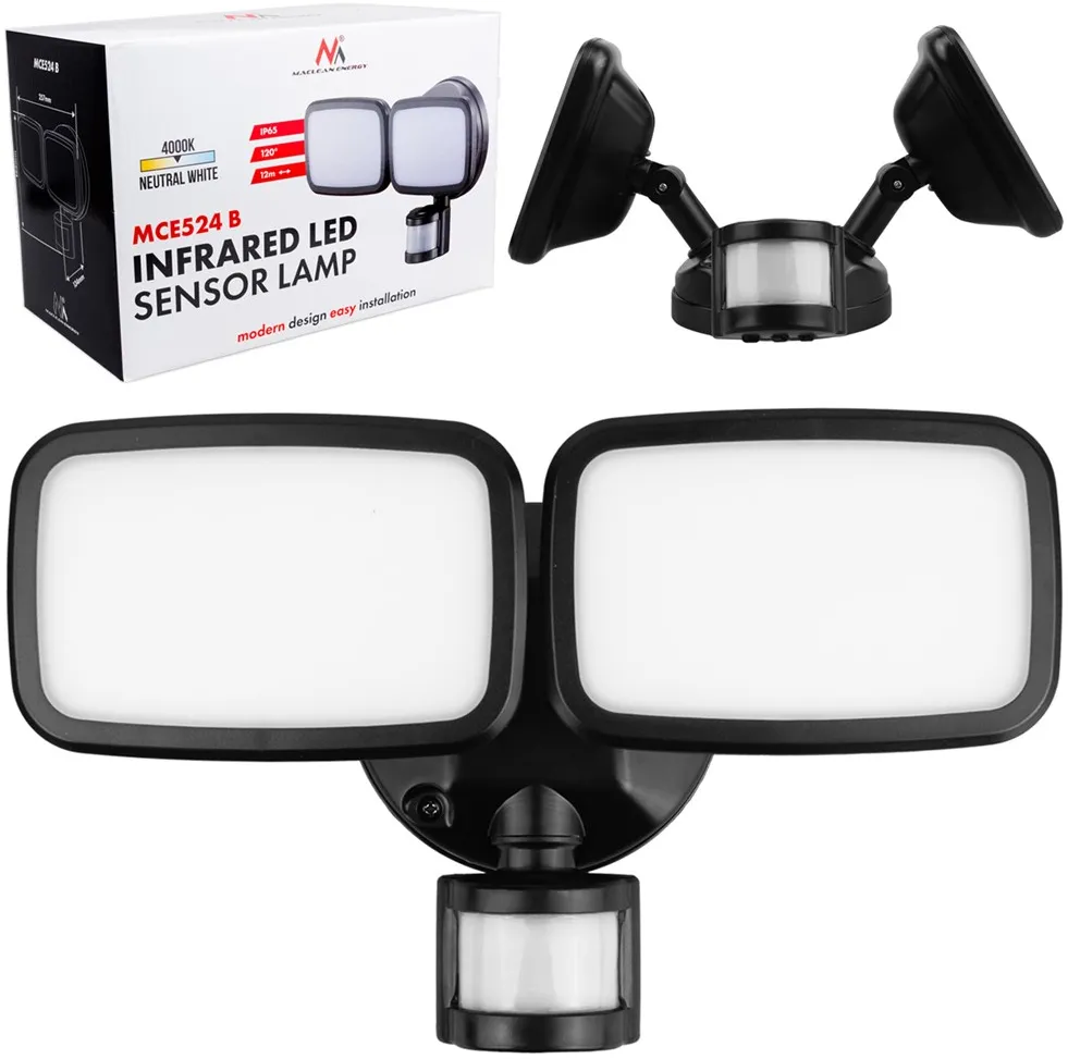 Lampa de perete LED MACLEAN MCE524 B cu senzor PIR 20W 1500lm IP65 4000K negru
