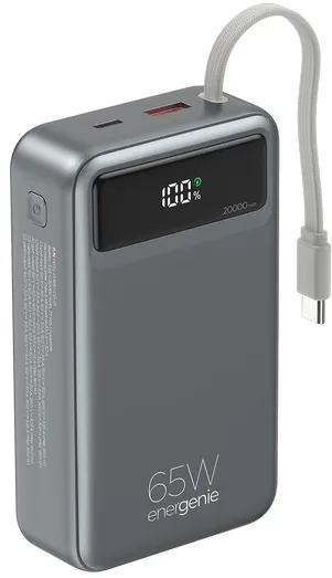 Gembird PB20-PD65-LCD-01 Fast charging power bank with integrated cables, 65W, 20000 mAh, black