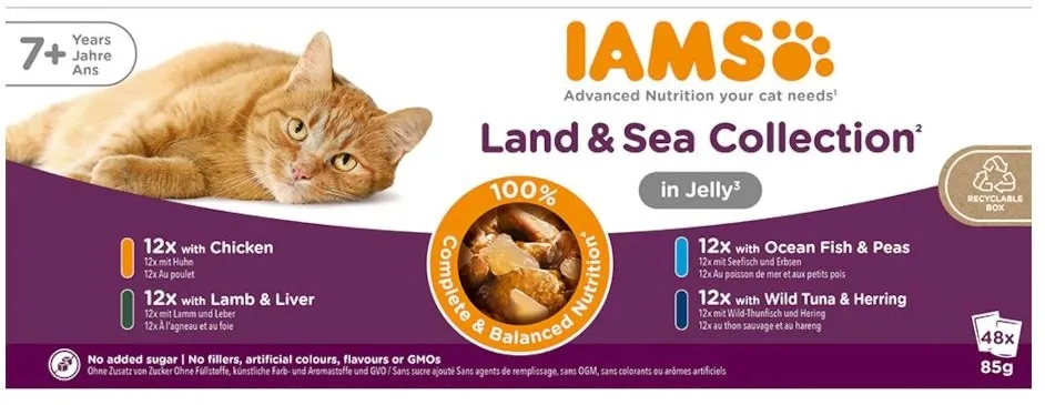 IAMS Senior Meat & Fish Mix in Jelly box – wet cat food – 48x85g