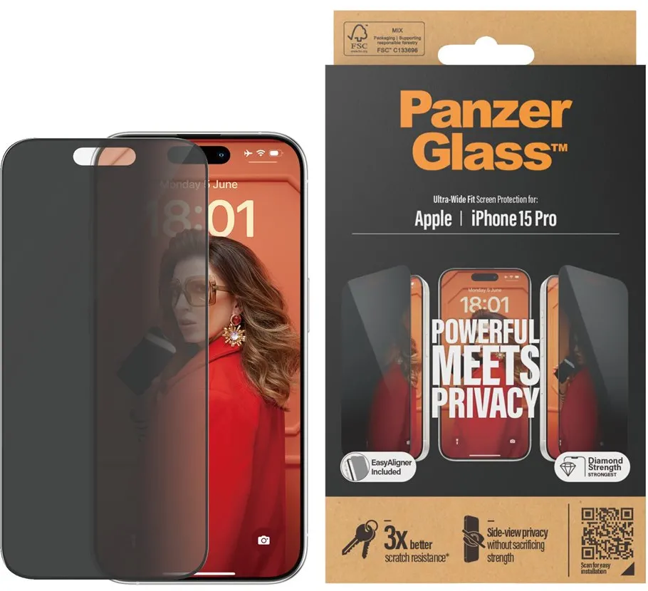 Folie protectie ecran PanzerGlass Privacy Ultra-Wide Fit cu EasyAligner iPhone 15 Pro 6.1"