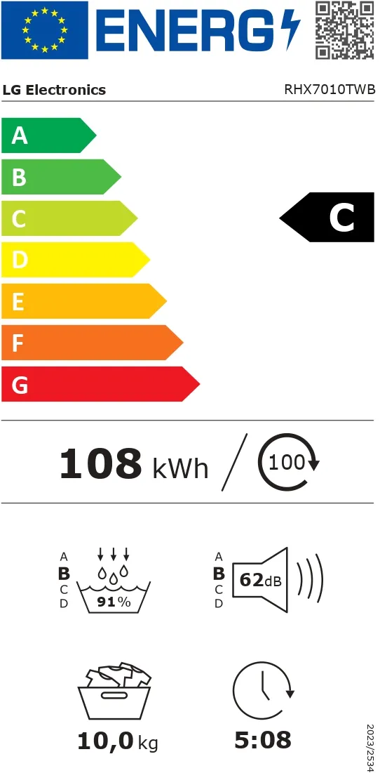 LG RHX7010TWB Dryer Machine with Heat pump, C, Front loading, 10 kg, LED, Depth 66 cm, Wi-Fi, White