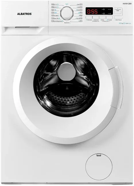 Masina de spalat rufe frontala slim Albatros AWM1265, 6 kg, 1200 rpm, clasa D, adancime 40 cm, program tesaturi XXL, pornire intarziata, control antispuma, afisaj electronic, blocare acces copii, alb