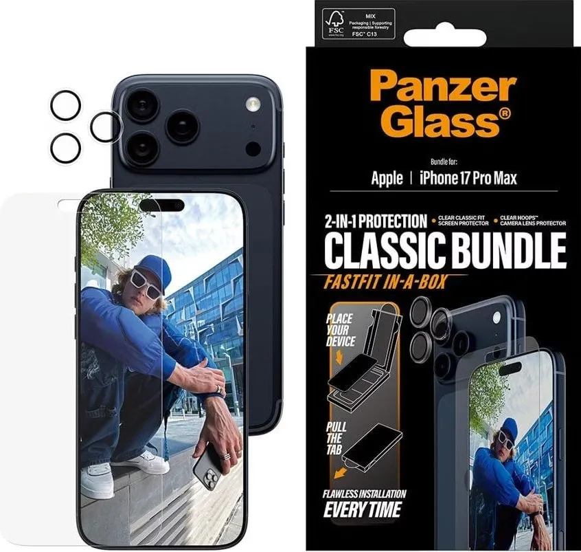 Set folie protectie ecran si protectie camera PanzerGlass 2in1 Classic Fit + Hoops iPhone 17 Pro Max