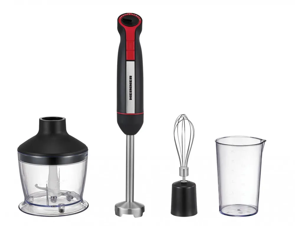 Mixer vertical Heinner HHB-DC1200BKRD, 1200 W, Motor DC, Viteza variabila + turbo, Picior blender inox, Lame inox, Accesorii: tel, tocator 500 ml, Cana mixat 600 ml, Negru/Rosu