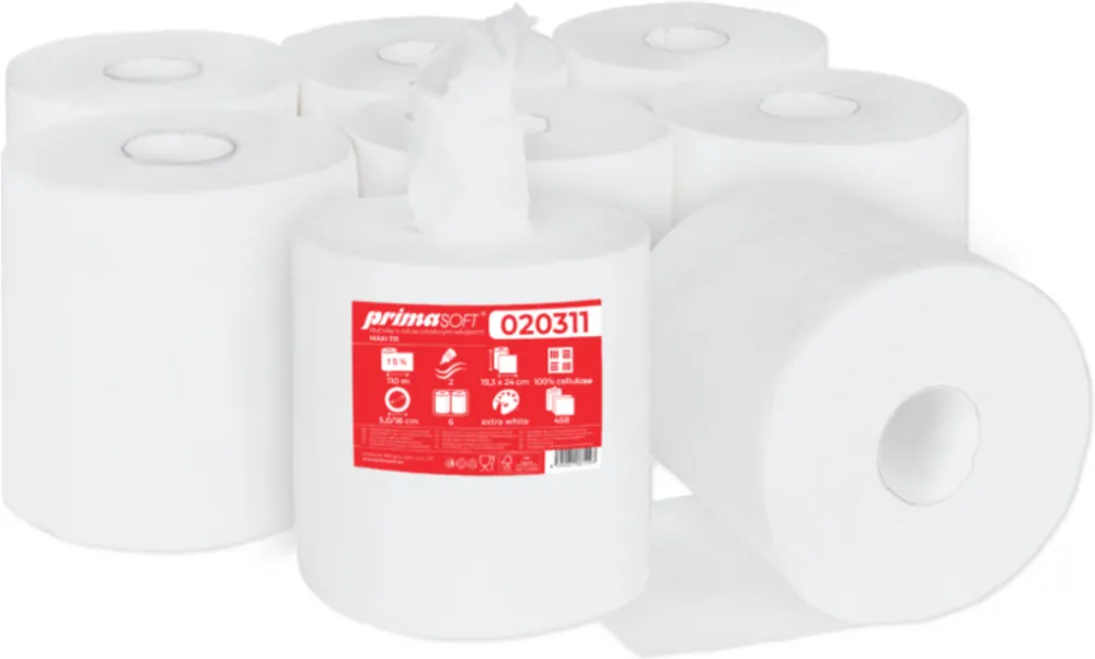Prosop rola hartie alba, derulare centrala, 110m - 2 straturi, 6 role/bax, Prima Soft Maxi 110