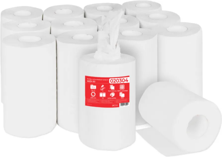 Prosop rola hartie alba, derulare centrala, 50m - 2 straturi, 12 role/bax, Prima Soft Midi 50