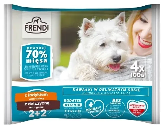 Hrana umeda pentru caini Frendi bucati de curcan si vanat in sos delicat 4 x 100 g